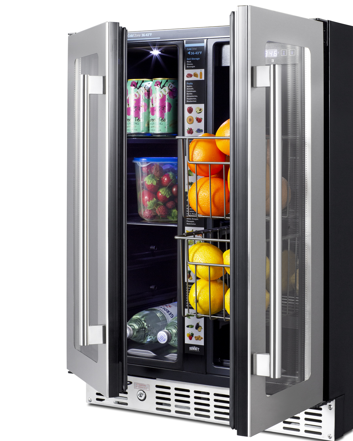 ADA compliant built-in or freestanding dual zone produce and beverage refrigerator with seamless stainless steel trimmed French doors, digital controls, and a black cabinet